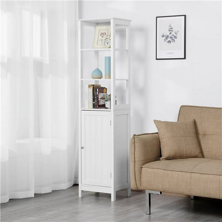 Easyfashion Tall Slim Storage Cabinet with Single Door and Open Shelves for  Home Small Space, White