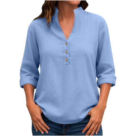 Versatile Workwear Blouse – Women's Casual Button Down Shirt, Solid Color V Neck Long Sleeve Top in Relaxed Fit Woven Fabric, Everyday Essential Tunic Style