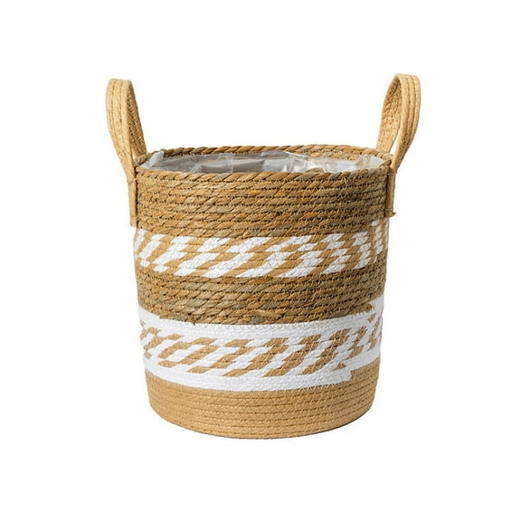 Versatile Woven Rattan Flower Basket Planter for Indoor/Outdoor Use, Floor Standing Storage Organizer with Handle, Decorative Sea Grass Basket for Home, Balcony, and Garden Decor