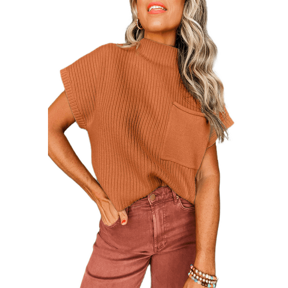 Versatile and Comfortable: Women's Ribbed Knit Sweater with Short Sleeves - [ZhiHiMeRi] | (US 8-10)M,Gold Flame