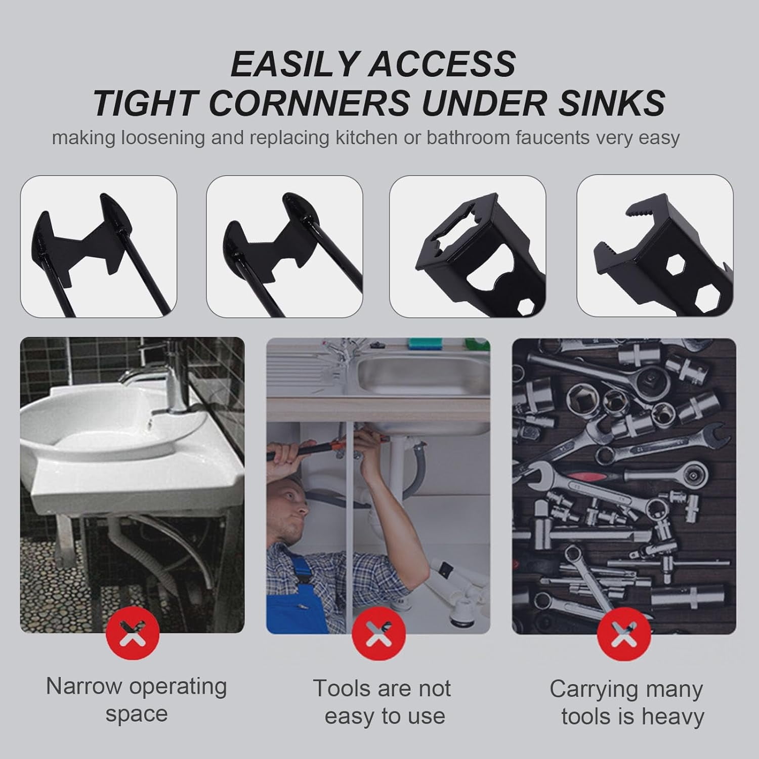 Versatile and efficient basin wrench set with 14 different sizes