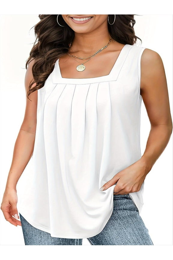 Versatile, fashionable, square-neck gathered pleat swing tank top for women, loose-fitting, casual, and comfortable