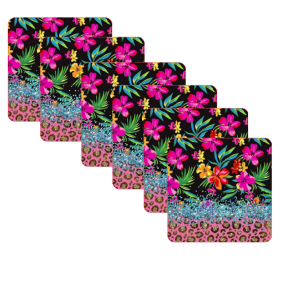 Versatility 6 Pcs Coasters For Drinks Square Floral Print Drinkware Non-slip Rubber Bottom
