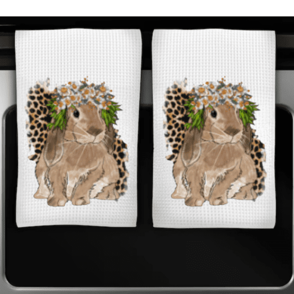 Versatility Bunny Dish Towel Set White 16x24 Floral Leopard Print