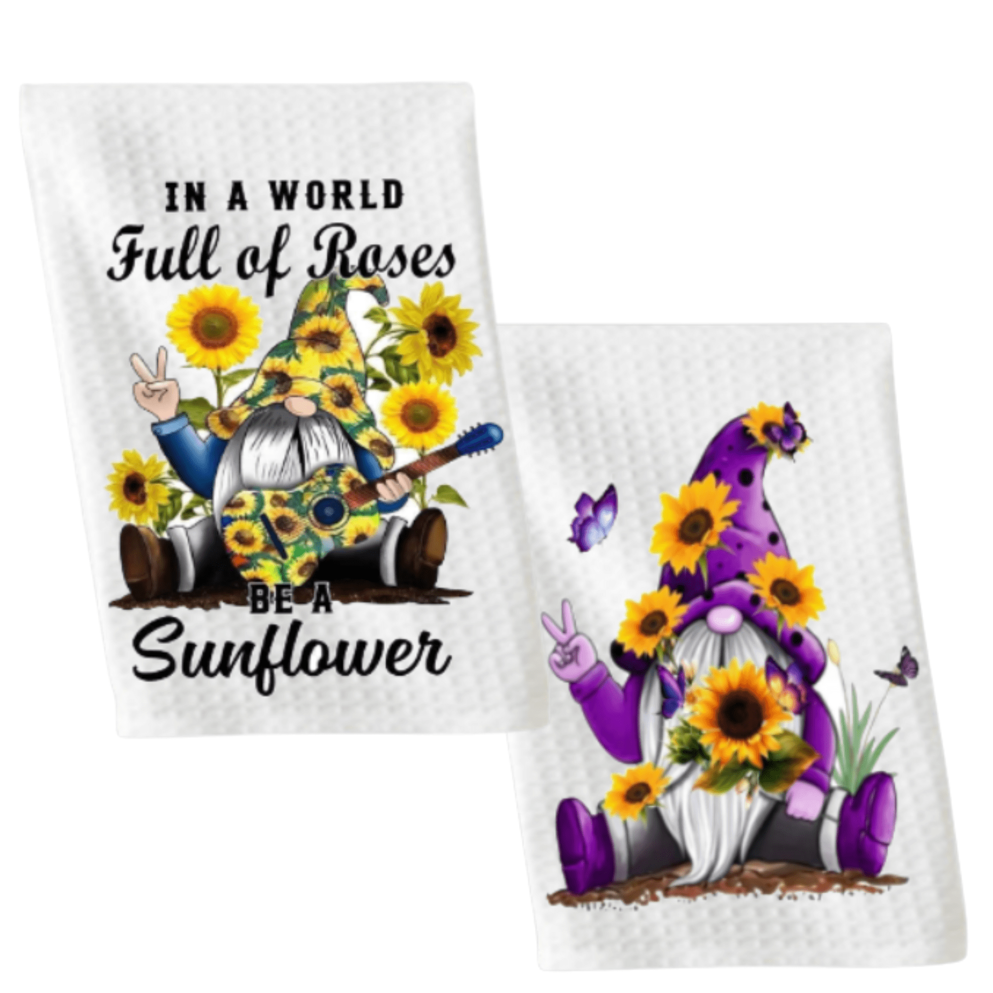 Versatility Dish Towels White 16x24 Kitchen Funny - Sunflower Gnomes Set of 2