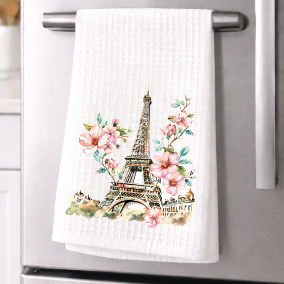 Versatility Eiffel Tower Kitchen Towel, 16x24 Paris Floral Decor Waffle Weave