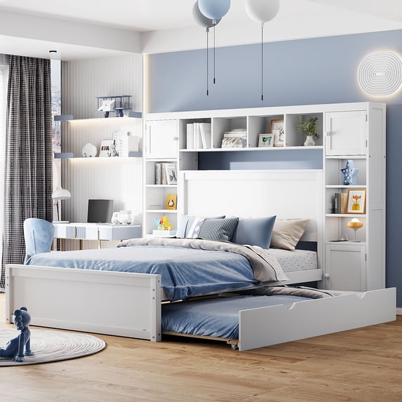 Versatility Galore Solid Wood Bed Frame with All-in-One Cabinet, Shelf and Sockets, Platform Bed Frame, Mid Century Bedframe, Wood Foundation(White, Full)