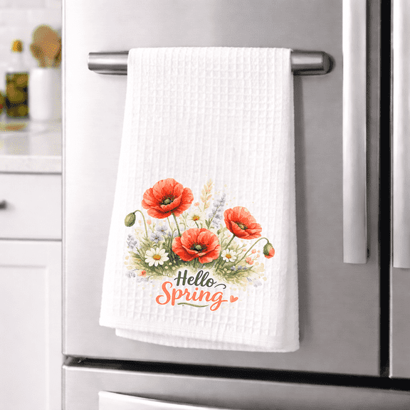 Versatility Hello Spring Floral Waffle Kitchen Towel 16x24 Poppies & Daisy Spring Decor Dish Drying Cloth