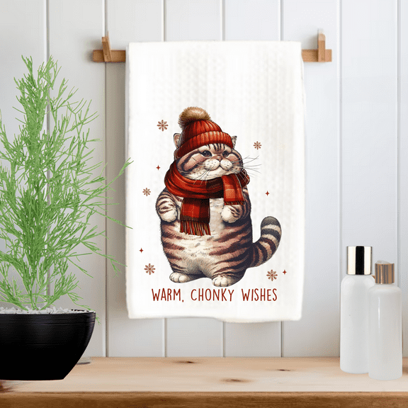 Versatility Printed Christmas Dish Towel, 16"W x 24" L, Warm Chonky Cat, 1 Piece