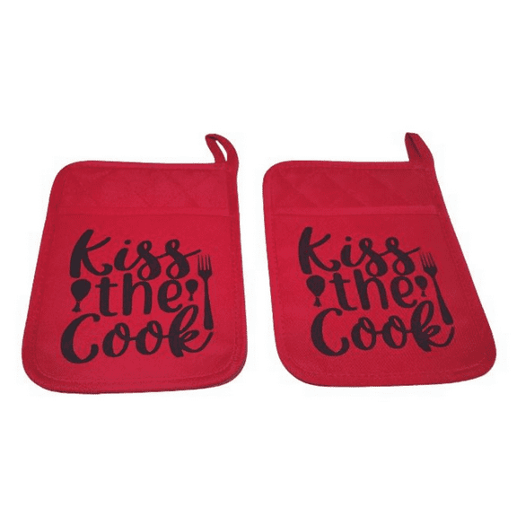 Versatility Red Pocket Pot Holders Funny Print Kiss the Cook - 7"x9"