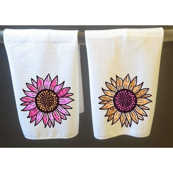 Versatility Sunflower Printed Dish Towel Set, 16x24 Inch, Waffle Weave