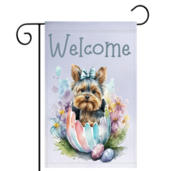 Versatility Yorkie Puppy Easter Garden Flag 12x18 inch, One Sided, Spring Decor for Dog Lovers