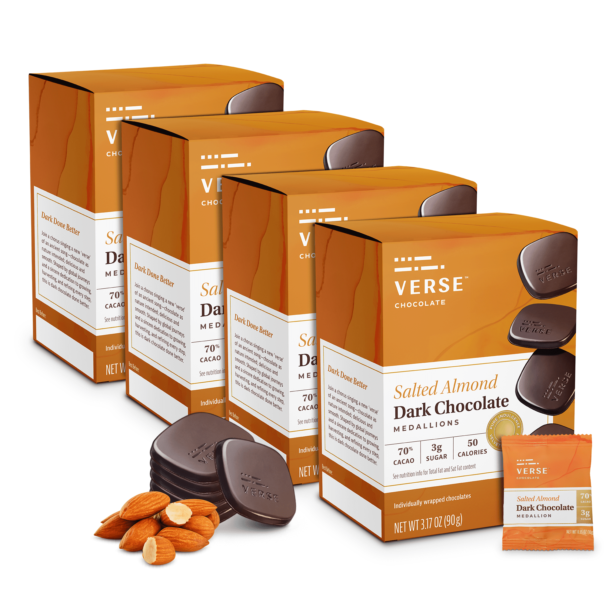 Verse 70% Dark Chocolate with Almonds - Gluten Free, Keto Low Sugar Snack - Crunchy Salted Almond - Only 3g Cane Sugar - Individually Wrapped Vegan Dark Fine Chocolates Squares (9 Count, 4 Pack)