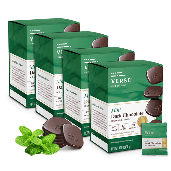 Verse 90% Dark Chocolate Mint Squares - Gluten Free, Keto, Low Sugar Snack - Creamy Dark Cocoa - Only 1g Cane Sugar- Individually Wrapped Vegan Cacao Chocolate Squares (9 Count, 4 Pack)