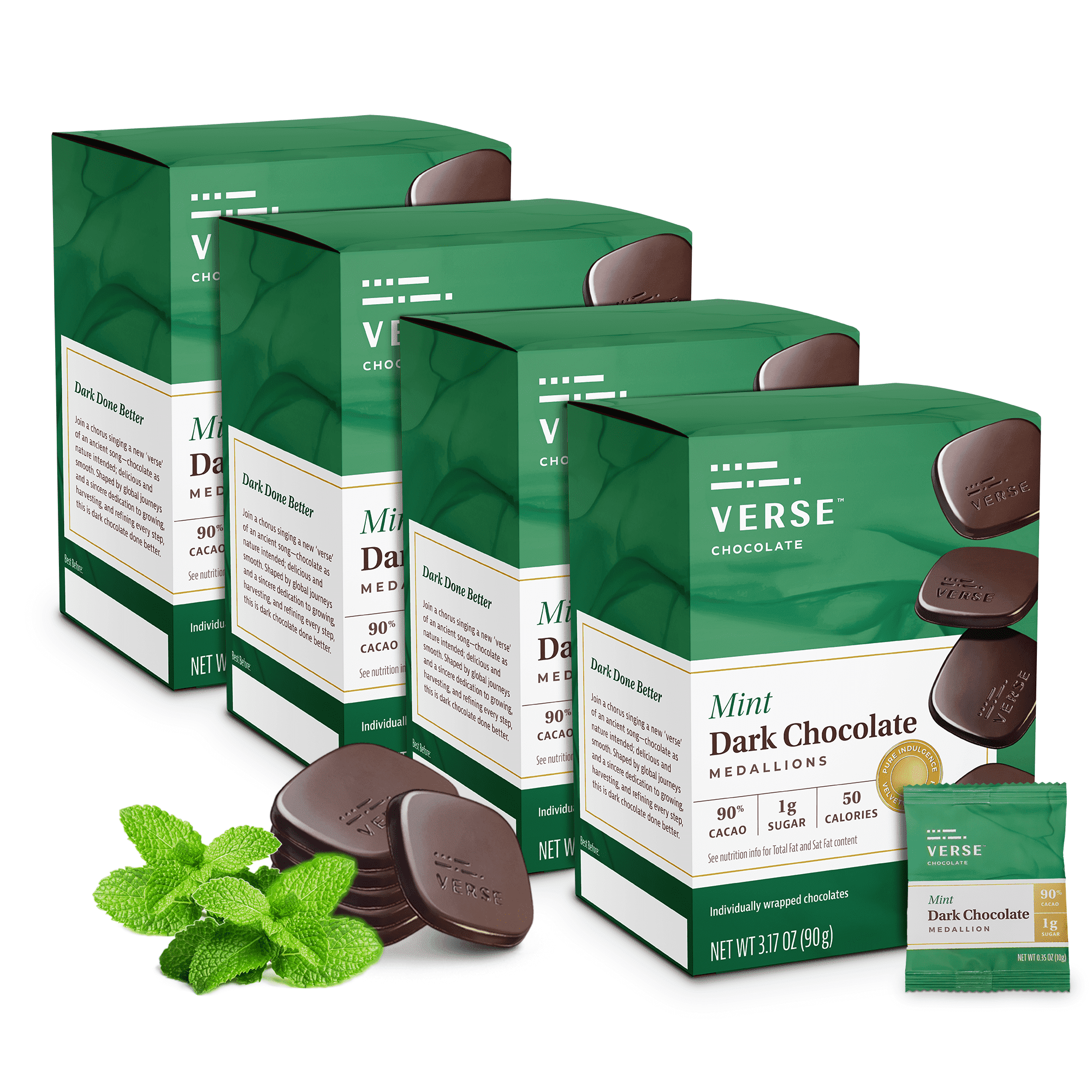 Verse 90% Dark Chocolate Mint Squares - Gluten Free, Keto, Low Sugar Snack - Creamy Dark Cocoa - Only 1g Cane Sugar- Individually Wrapped Vegan Cacao Chocolate Squares (9 Count, 4 Pack)