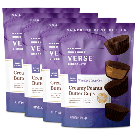 Verse 90% Dark Chocolate Peanut Butter Cups, 4 Pack, Premium Filled Cups