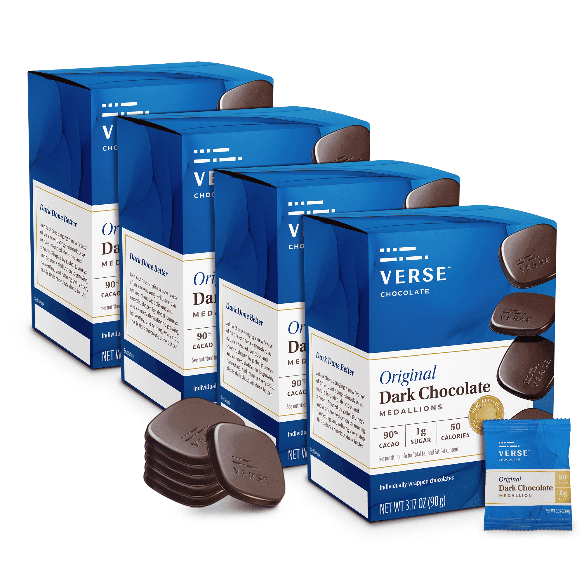 Verse 90% Dark Chocolate Squares - Gluten Free, Keto, Low Sugar Snack - Creamy Dark Cocoa - Only 1g Cane Sugar - Individually Wrapped, Vegan Cacao Chocolate Squares (9 Count, 4 Pack)