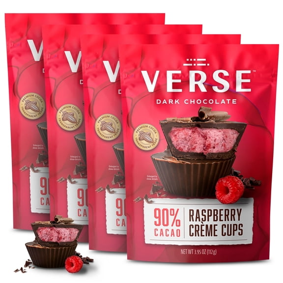 Verse 90% Ultra Dark Chocolate Raspberry Cups (4 Pack)  Ultra High Cacao, Smooth and Creamy Chocolate Cups with Real Raspberry Filling  A Premium, Indulgent Snack