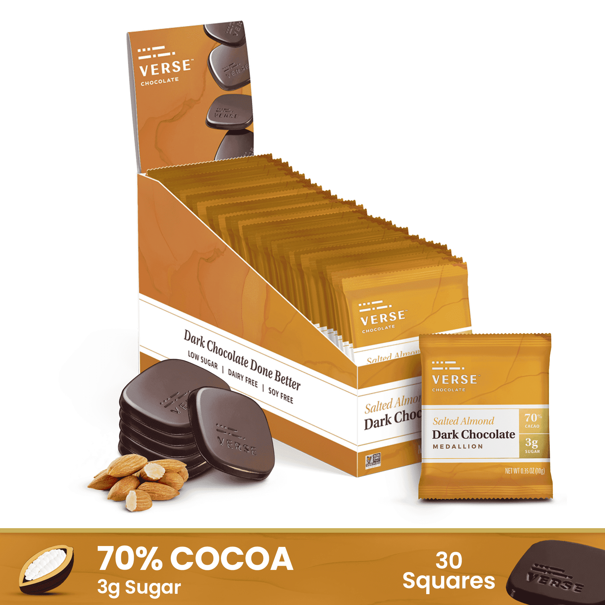 Verse 70% Dark Chocolate with Almonds - Gluten Free, Keto Low Sugar Snack - Creamy Dark Cocoa Squares - Only 3g Cane Sugar - Vegan Dark Chocolate Squares - Individually Wrapped Chocolates (30 Count)