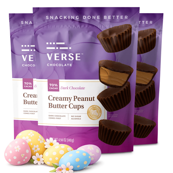 Verse Chocolate Peanut Butter Cups (3 Pack) – 70% Dark Chocolate Candy w/ 2g Fiber, 160 Calories - Creamy Peanut Butter Cups - Easter Candy for Egg Hunts, Festive Baskets