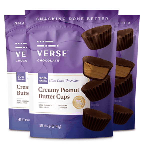 Verse Chocolate - Creamy Peanut Butter Cups - 90% Cacao Ultra Dark Chocolate Cups (3 Pack)
