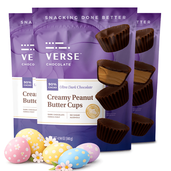 Verse Chocolate Peanut Butter Cups (3 Pack) 90% Ultra Dark Chocolate Candy w/ 3g Fiber, 150 Calories - Creamy Peanut Butter Cups - Easter Candy for Egg Hunts, Festive Baskets