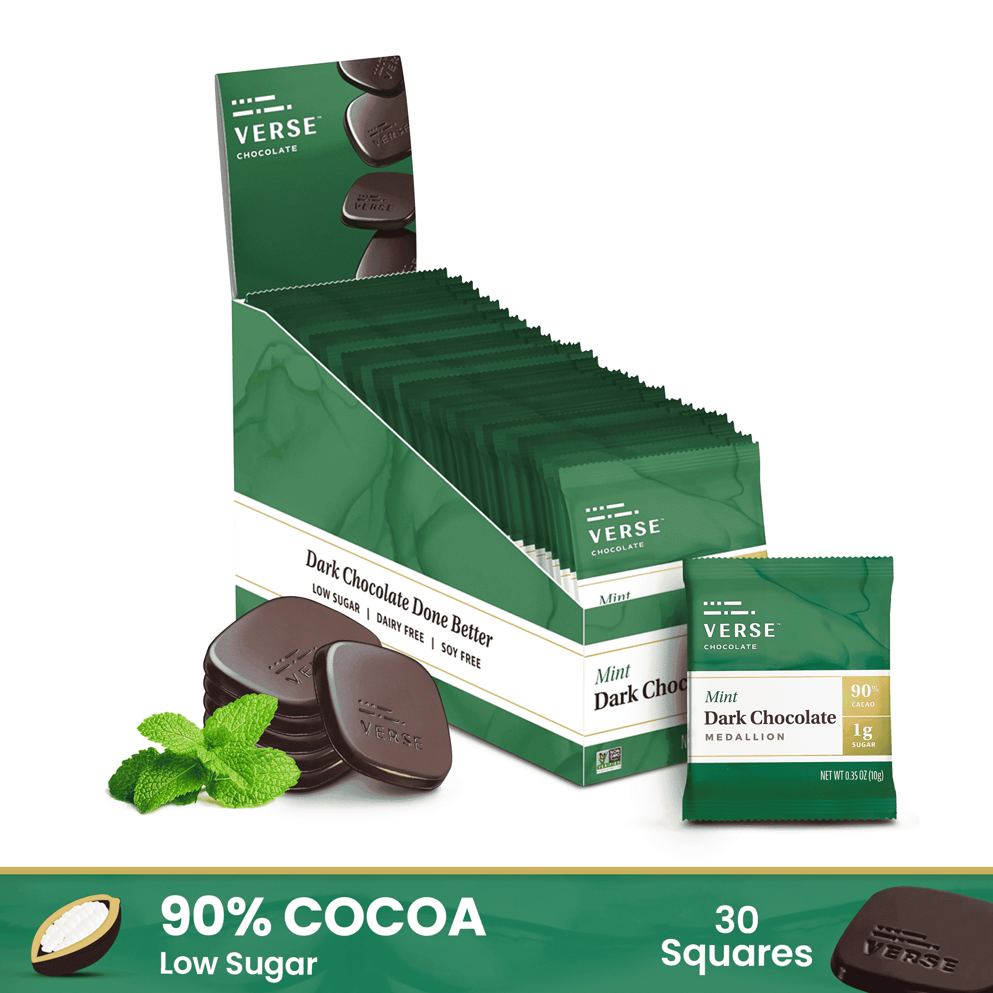 Verse 90% Dark Chocolate Mint Squares - Gluten Free, Keto Low Sugar Snack - Creamy Dark Cocoa - Only 1g Cane Sugar - Vegan Dark Fine Chocolates Squares - Individually Wrapped Chocolates (30 Count)