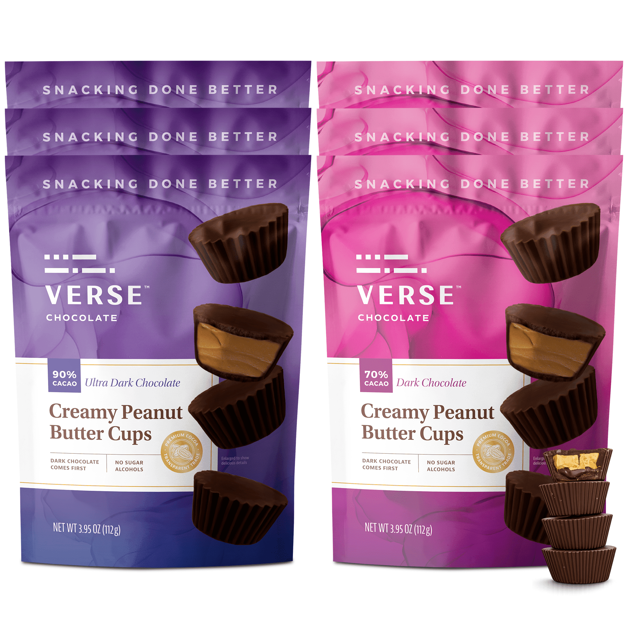 Verse Chocolate Peanut Butter Cups (6 Pack) – 70% and 90% Cacao Dark Chocolate Keto Snacks w/ 2-3g Fiber, 150-160 Calories – Creamy Peanut Butter Cups – Gift for Special Occasions