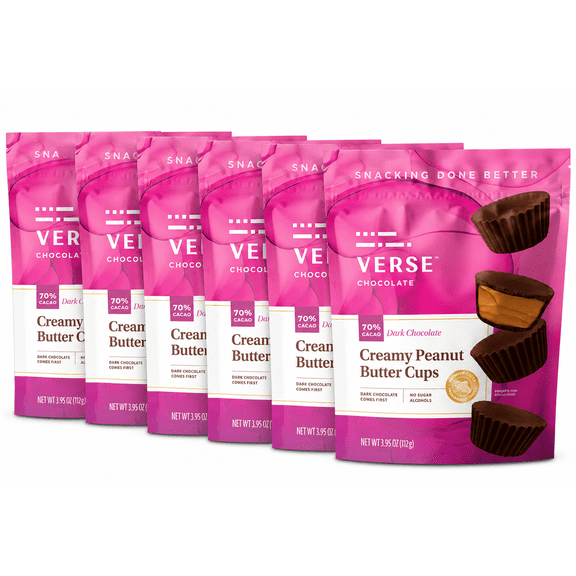 Verse Chocolate Peanut Butter Cups (6 Pack) 70% Dark Chocolate Keto Snacks w/ 2g Fiber, 160 Calories Creamy Peanut Butter Cups Great for Snacking