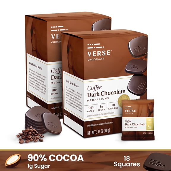 Verse Luxury Dark Chocolate Coffee Squares - Gluten Free, Keto Low Sugar Snack - 90% Dark Cocoa - Only 1g Cane Sugar - Individually Wrapped Vegan Cacao Chocolate Squares (9 Count, 2 Pack)