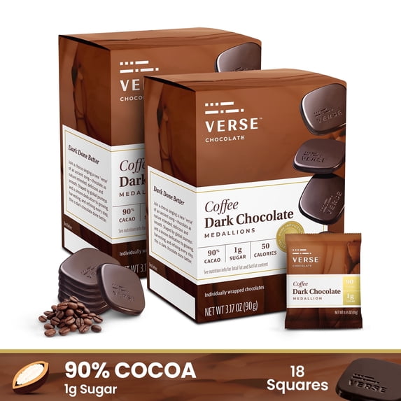 Verse Luxury Dark Chocolate Coffee Squares - Gluten Free, Keto Low Sugar Snack - 90% Dark Cocoa - Only 1g Cane Sugar - Individually Wrapped Vegan Cacao Chocolate Squares (9 Count, 2 Pack)