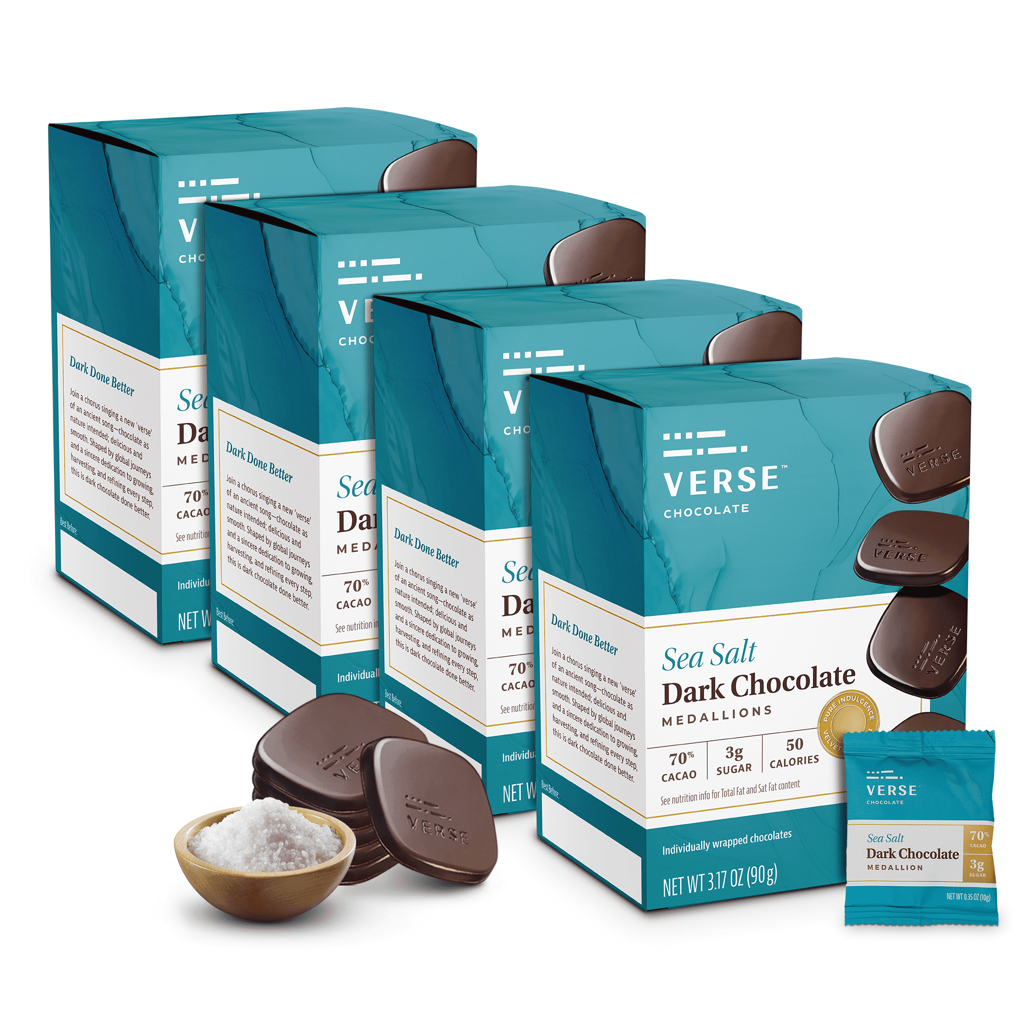 Verse Dark Chocolate Sea Salt Squares - Creamy 70% Cocoa Dark Chocolate - Gluten Free, Keto Low Sugar Snack - Only 3g Cane Sugar - Individually Wrapped Vegan Cacao Chocolate Squares (9 Count, 4 Pack)