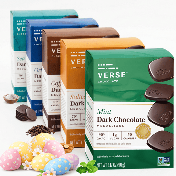 Verse Dark Chocolate Squares Variety Pack - Original, Mint, Sea Salt, Salted Almond & Coffee Squares w/ Low Cane Sugar, High Cacao - Easter Candy Packaged Singly For Special Events (9 Count, 5 Pack)