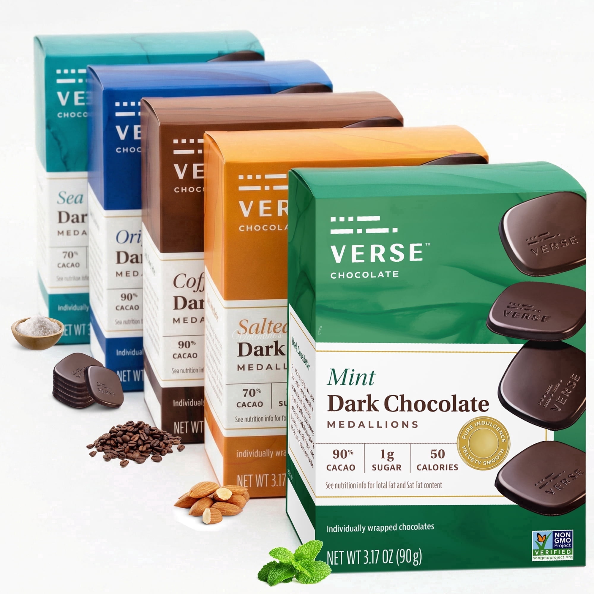Verse Dark Chocolate Squares Variety Pack - Original, Mint, Sea Salt, Salted Almond & Coffee Squares w/ Low Cane Sugar, High Cacao - Gluten Free, Keto, Vegan Dark Chocolates (9 Count, 5 Pack)