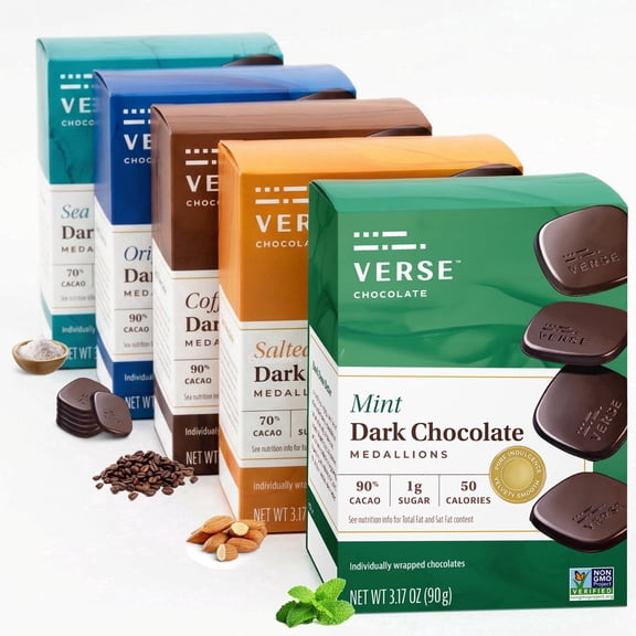 Verse Dark Chocolate Squares Variety Pack - Original, Mint, Sea Salt, Salted Almond & Coffee Squares w/ Low Cane Sugar, High Cacao - Gluten Free, Keto, Vegan Dark Chocolates (9 Count, 5 Pack)