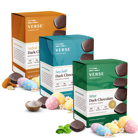 Verse Dark Chocolate Squares Variety Pack-Mint, Sea Salt, Salted Almond with Low Cane Sugar, High Cacao-Premium Individually Wrapped (9 count, 3 pack)
