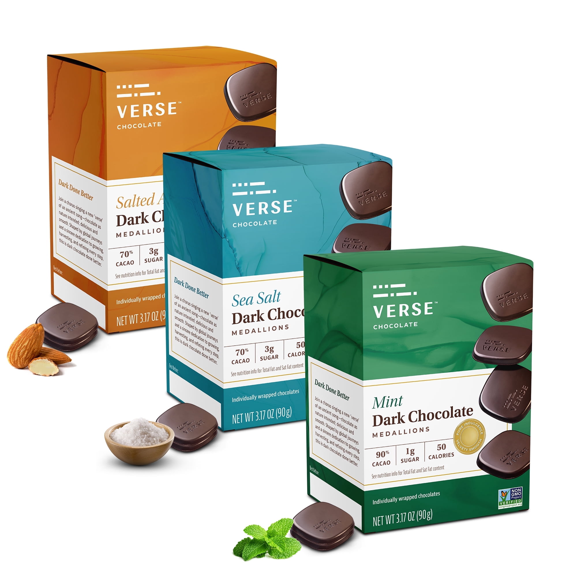 Verse Dark Chocolate Squares Variety Pack - Mint, Sea Salt, Salted Almond w/ Low Cane Sugar, High Cacao - Premium Vegan Dark Chocolates - Gluten Free, Keto Low Sugar Snack Bites (9 Count, 3 Pack)