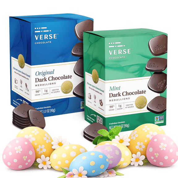 Verse Dark Chocolate Squares Variety Pack Original and Mint with 1g Cane Sugar, High Cacao Premium Individually Wrapped (9 count, 2 pack)