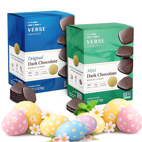 Verse Dark Chocolate Squares Variety Pack Original and Mint with 1g Cane Sugar, High Cacao Premium Individually Wrapped (9 count, 2 pack)