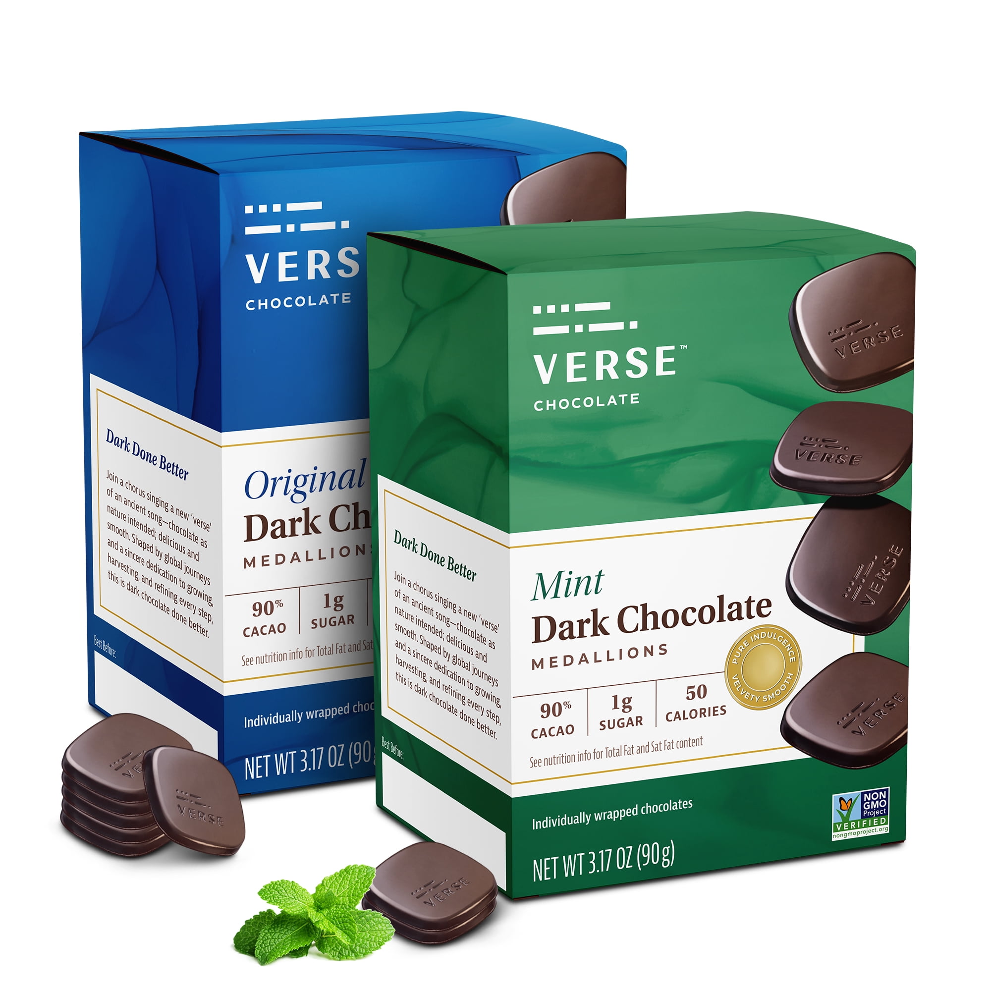 Verse Dark Chocolate Squares Variety Pack – Original and Mint with 1g Cane Sugar, High Cacao – Premium Individually Wrapped (9 count, 2 pack)