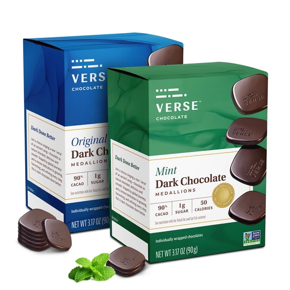 Verse Dark Chocolate Squares Variety Pack Original and Mint with 1g Cane Sugar, High Cacao Premium Individually Wrapped (9 count, 2 pack)