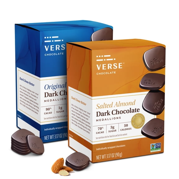 Verse Dark Chocolate Squares Variety Pack - Original and Salted Almond w/ Low Cane Sugar, High Cacao - Premium Dark Chocolates - Individually Wrapped Chocolate Squares (9 Count, 2 Pack)