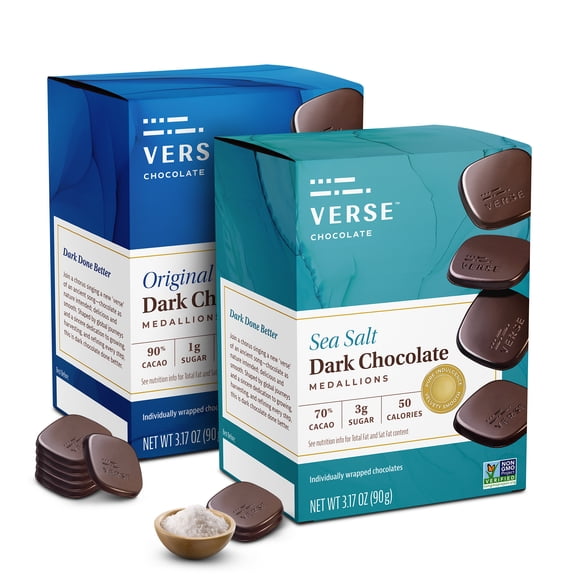 Verse Dark Chocolate Squares Variety Pack Original and Sea Salt with Low Cane Sugar, High Cacao Premium Individually Wrapped (9 count, 2 pack)