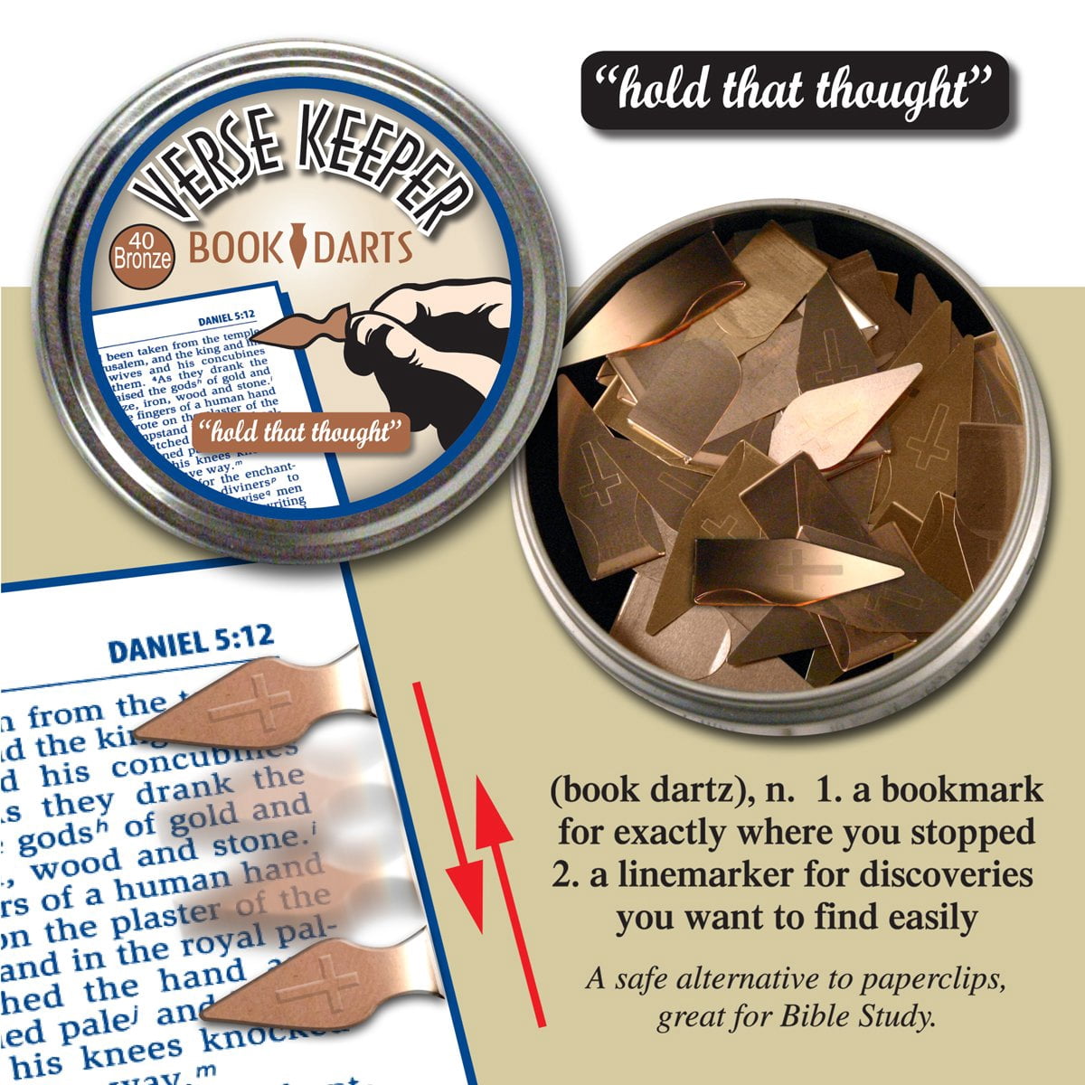 Verse Keeper Bronze Hold That Thought 40 Count Dart Bookmarks and Tin Can
