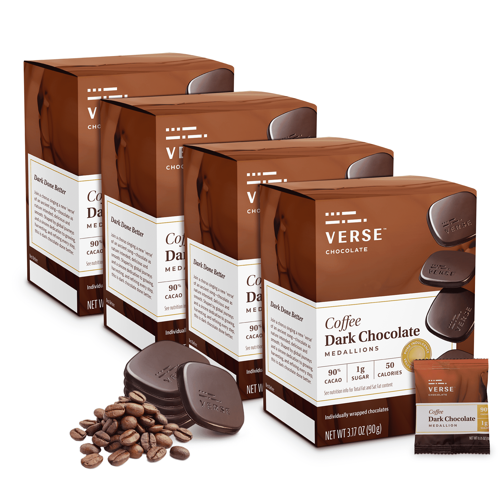 Verse Luxury Dark Chocolate Coffee Squares - Gluten Free, Keto Low Sugar Snack - 90% Dark Cocoa - Only 1g Cane Sugar - Individually Wrapped Vegan Cacao Chocolate Squares (9 Count, 4 Pack)