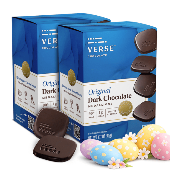 Verse 90% Dark Chocolate Squares- Creamy Dark Cocoa w/ 1g Cane Sugar - Individually Wrapped Easter Candy For Egg Hunts, Birthdays And Festive Baskets (9 Count, 2 Pack)