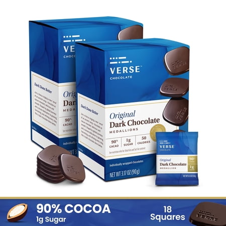 Verse 90% Dark Chocolate Squares - Gluten Free, Keto, Low Sugar Snack - Creamy Dark Cocoa - Only 1g Cane Sugar - Individually Wrapped, Vegan Cacao Chocolate Squares (9 Count, 2 Pack)