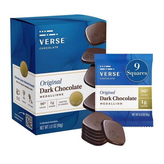 Verse Chocolate 90% Dark Chocolate Squares, 1g Cane Sugar, Individually Wrapped (9 Count, 1 Pack)