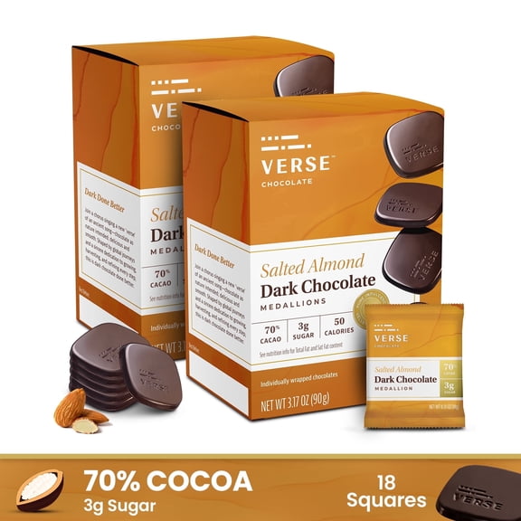 Verse 70% Dark Chocolate with Almonds - Gluten Free, Keto Low Sugar Snack - Crunchy Salted Almond - Only 3g Cane Sugar - Individually Wrapped Vegan Dark Fine Chocolates Squares (9 Count, 2 Pack)