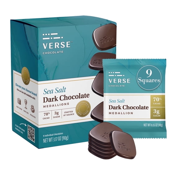 Verse Chocolate 70% Dark Chocolate Sea Salt Squares, 3g Cane Sugar, Individually Wrapped (9 Count, 1 Pack)
